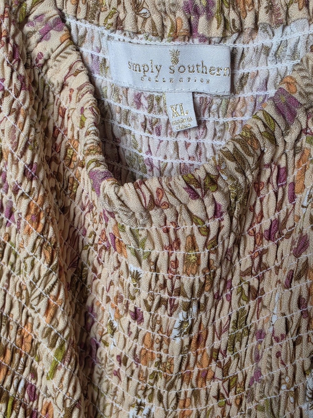 Simply Southern Women's Smocked Floral Top in Cream with Pink & Orange - Picture 3 of 5